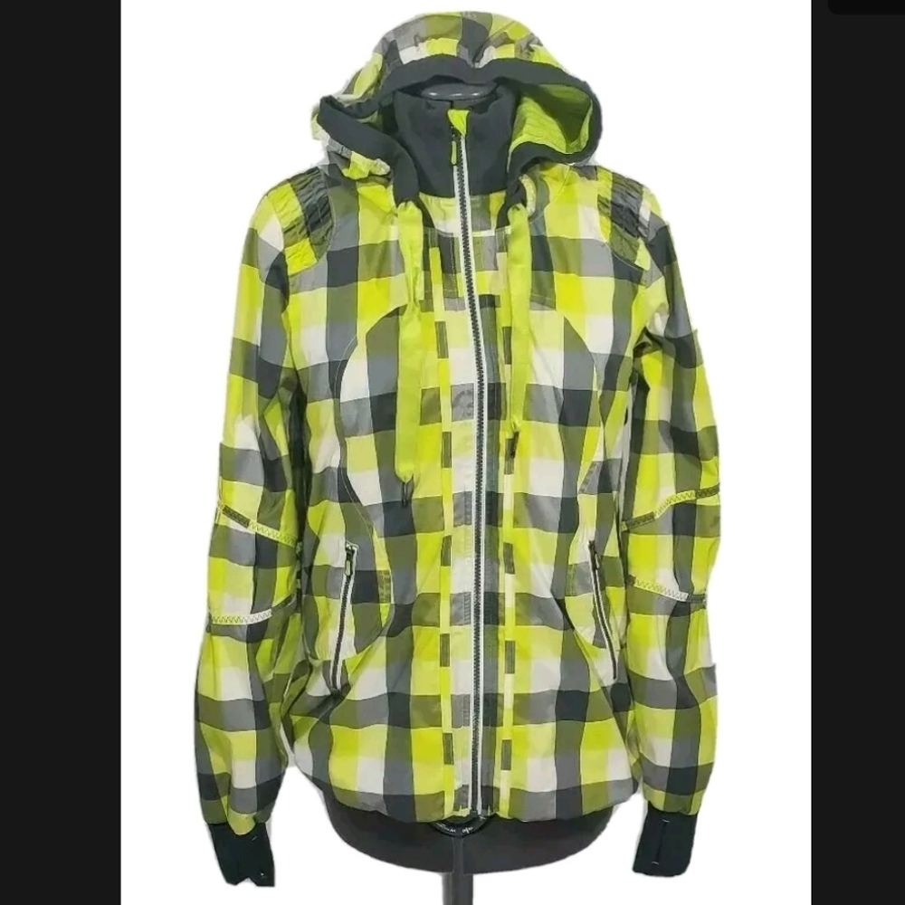 Lululemon track and field Jacket Citron Zip Up Lightweight Hooded Sz 6 Plaid